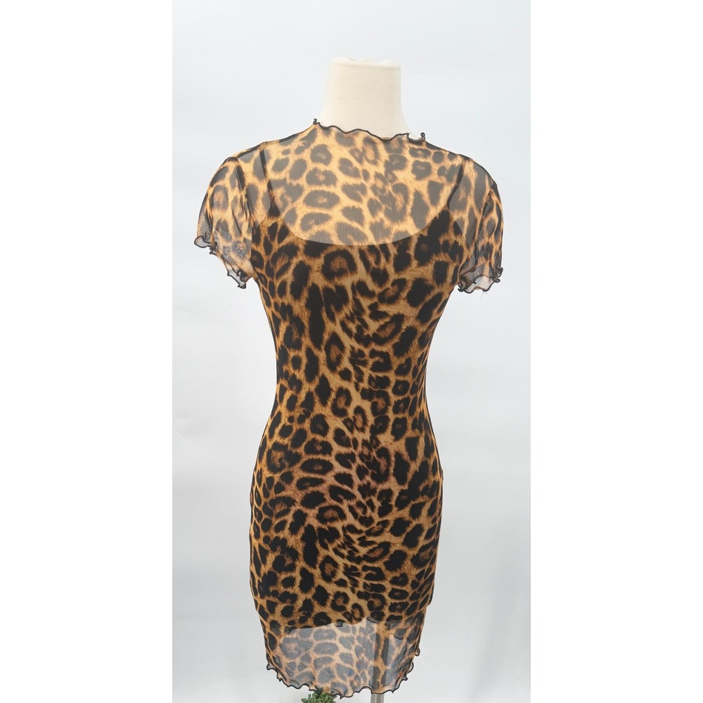 Forever 21 Mesh Mini Dress Womens Medium Brown Leopard Animal Print Lettuce Trim